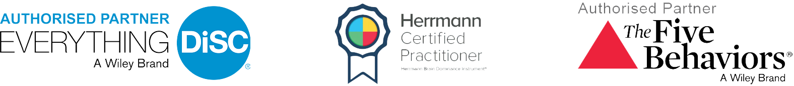 Everything DiSC Authrised Partner Logo and The Five Beahaviours Logo and Hermann Certifed Practitioner